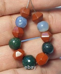 11 Ancient Rare Blue Chalcedony Agate & Red, Green Jasper Stone Beads