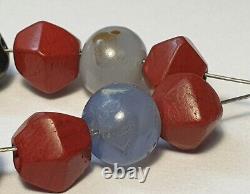 11 Ancient Rare Blue Chalcedony Agate & Red, Green Jasper Stone Beads