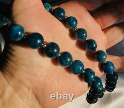 14K Pariba Blue Apatite Necklace, Rare 12MM Round Beads, Amazing Color