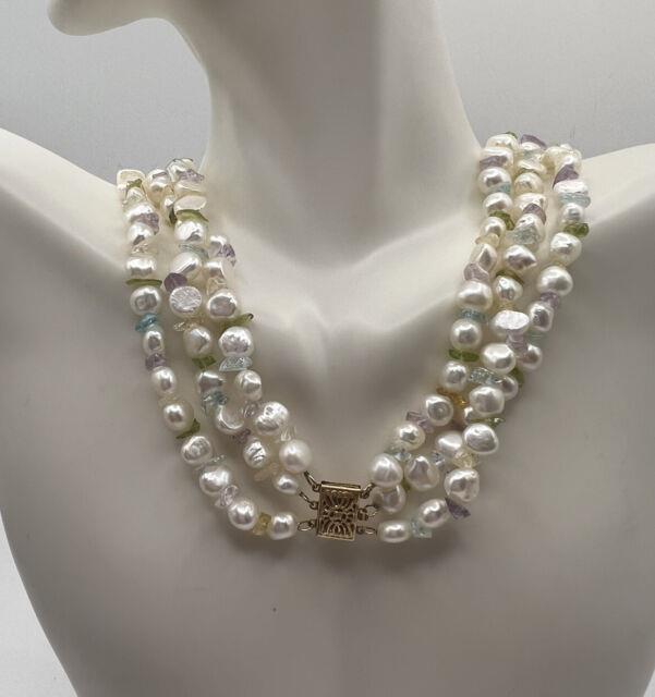14k Rare Unique 3-strand Fresh Water Pearl Semi Precious Stone Necklace