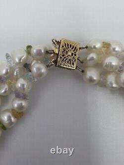 14K RARE Unique 3-Strand Fresh Water Pearl Semi Precious Stone Necklace