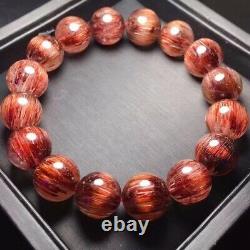 14.6mm Rare Natural Red Rabbit hair Quartz Crystal Round Beads Bracelet AAAA