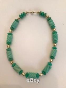 14k Gold Bead Necklace With Rare Chrysoprase Twist Barrel And Roundel Beads