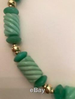 14k Gold Bead Necklace With Rare Chrysoprase Twist Barrel And Roundel Beads