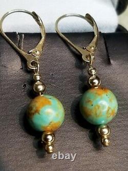 14k Solid Gold RARE GREEN Crow Springs Turquoise Bead 8mm Pendant Necklace