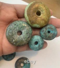 15 Antique Natural Turquoise Tibet Bi Discs Collectible Beads Rare Estate Lot
