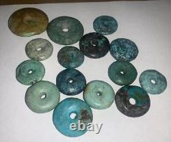 15 Antique Natural Turquoise Tibet Bi Discs Collectible Beads Rare Estate Lot