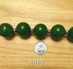 20 RARE SPECTACULAR GREEN JADE NECKLACE Huge 18 mm Beads Sterling Clasp KNOTTED