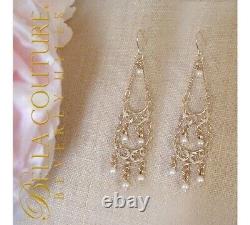 $595new Rare Pearl Baguette 14k Gold Drop Victorian Dangle Vtg Art Deco Earrings