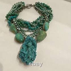 $6900 Rare Rebecca Collins Blue Turquoise Bless Our Earth Carved Necklace