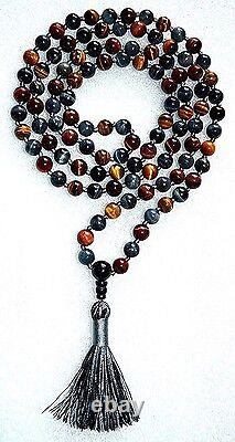 8 mm Rare Grey, Red Brown Tiger Eye & Black Onyx knotted Charming Mala Necklace