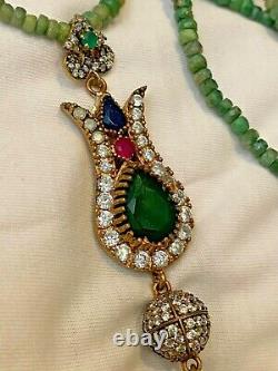 925 Silver Long Emeralds Ruby and CZ Necklace Antiqued Tulip RARE FANCY