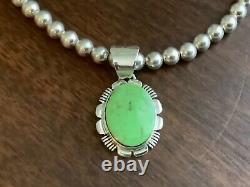950 SILVER SIGNED FF NAVAJO RARE CARICO LAKE TURQUOISE PENDANT WithBEAD NECKLACE