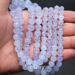 AAA++ Natural Blue Chalcedony Extremely Rare Carved Melon Round Gemstone Beads