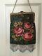 Antique Rare Roses 1910s Micro Beaded Stone Jewel Gilt Frame Purse Handbag