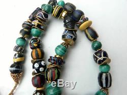 African Trade Beads Necklace, rare black Venetian Fancy beads, malachite beads