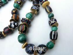 African Trade Beads Necklace, rare black Venetian Fancy beads, malachite beads