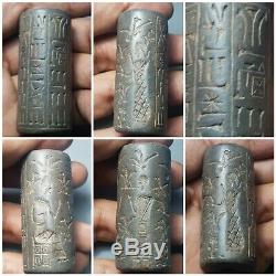 Ancient Sassanian rare black stone historical inscription cylinderseal bead