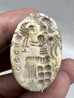 Ancient Seal Bead, seated man With Bird Rare Stone Intaglio Stamp