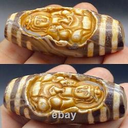 Ancient rare Tibetan dzi eyes agate carved with buddaha scarce bead