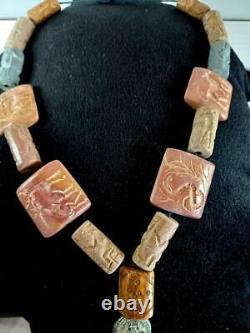 Ancient rare and unique engraved Central Asia stone beads made into necklace