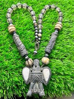 Ancient rare crystal stone beads 2 cylinder beads & stone pendant necklace