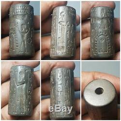 Ancient rare sassanian black stone amyzing inscription cylinderseal bead