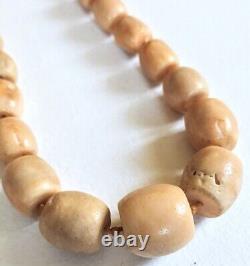 Antique Estate Asian Carved Graduating Coral Barrel Bead Necklace 10K Gold RARE