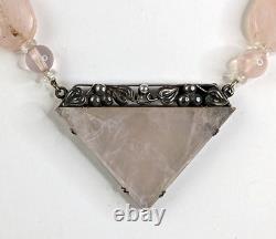 Antique German Art Deco Rose Quartz Sterling Silver Necklace 16 Rare Side Clasp