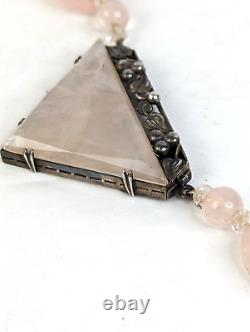 Antique German Art Deco Rose Quartz Sterling Silver Necklace 16 Rare Side Clasp