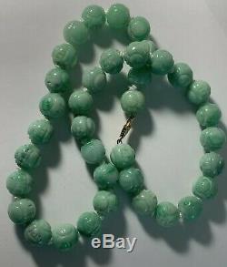 Antique Jade Carved Dragon Bead Necklace Estate Lot RARE Apple Green 14k