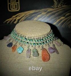 Antique Rare Chinese Enamel Gemstone Book Chain Dangle Choker Necklace