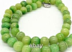 Antique Rare Hand-Carved & Polished Green-Yellow Banded Agate 11mm Bead Necklace