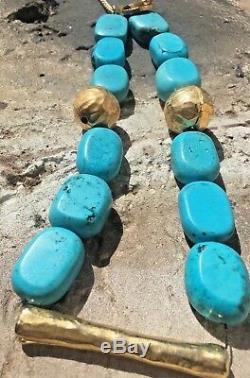 Antique Rare Natural Blue Turquoise Stone Big Bead Necklace with 14k Gold Plated