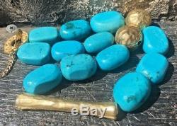 Antique Rare Natural Blue Turquoise Stone Big Bead Necklace with 14k Gold Plated