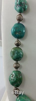 Antique Rare Tibetan Turquoise Stone & Repousse Silver Bead Necklace