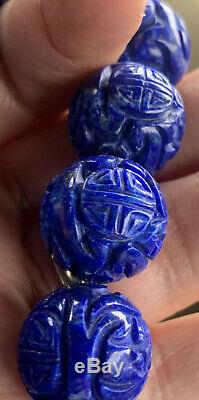 Antique Vintage Lapis Carved Dragon Ball Shou Bead Rare Chinese Estate Jewelry