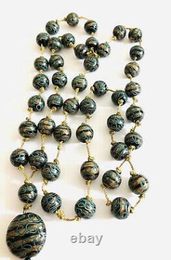 Art Deco Venetian Gold Stone Green And Black Bead Necklace RARE, Long