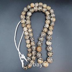 Asian Burmese Old Pumtek petrified Wood Stone beads Long necklace rare pattern