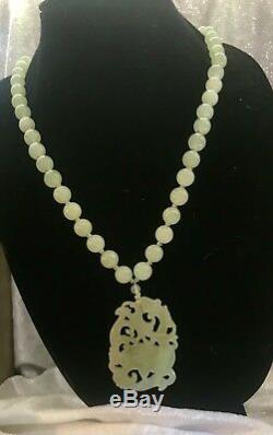 Authentic RARE 19th Century Chinese Mutton Fat Jade Necklace Pendant 11mm beads