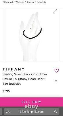 Authentic RARE Return To Tiffany Onyx Heart Tag 4mm Bead Bracelet, 7.5 Silver