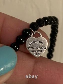 Authentic RARE Return To Tiffany Onyx Heart Tag Bead Bracelet, 7.5 Silver