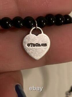 Authentic RARE Return To Tiffany Onyx Heart Tag Bead Bracelet, 7.5 Silver