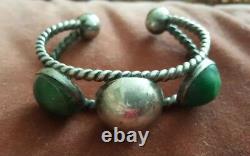 BIG Vintage Sterling Silver Cuff Bracelet bead twist ball 925 green stones rare