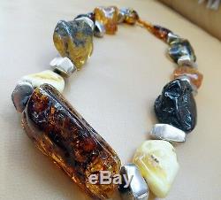 Baltic Amber Necklace Genuine Raw Giant Amber Sterling Silver Beads Unique Rare