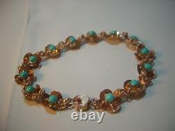 Beautiful Rare Vintage 9ct Rose Gold Natural Turquoise Bracelet-intricate 7.1