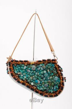 CHRISTIAN DIOR RARE Turquoise Rock Beaded Embellished Trotter Saddle Bag Handbag