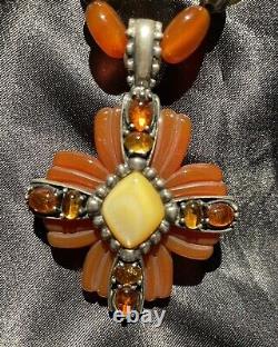Carolyn Pollack Sterling Silver 925 Carnelian Amber Pendant Beaded Necklace Rare