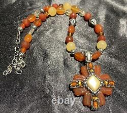 Carolyn Pollack Sterling Silver 925 Carnelian Amber Pendant Beaded Necklace Rare