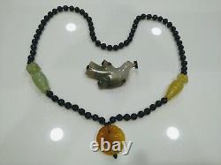 Chinese Nephrite Onyx Necklace and Nephrite 925 Silver Peace Dove Pin Rare Set